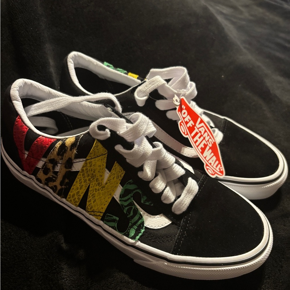 Vans Old Skool Rasta Animal Print Zebra Leopard Script shoes Women’s size 7